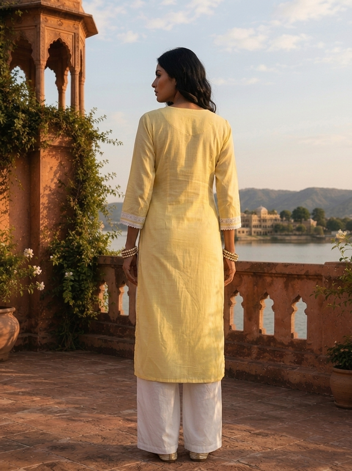 Yellow Rayon Paisley And Floral Motifs Embroidered Kurta