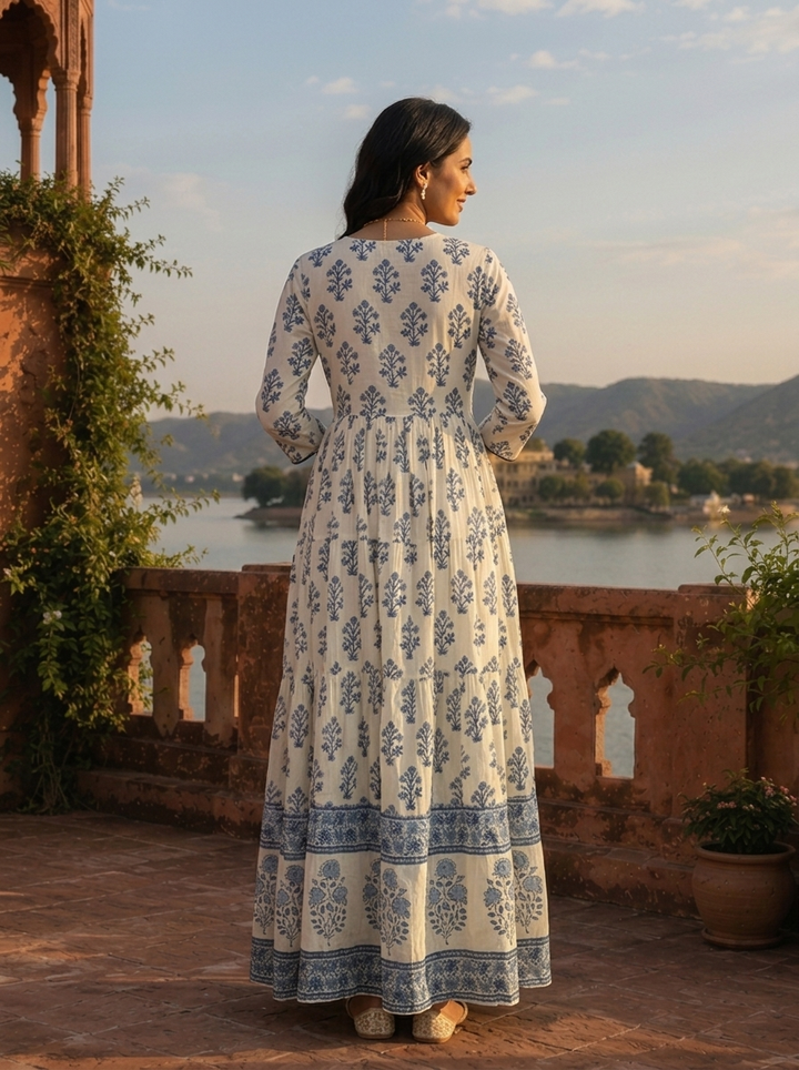 White Cotton Mughal Flower Bunch Motifs Printed Dress