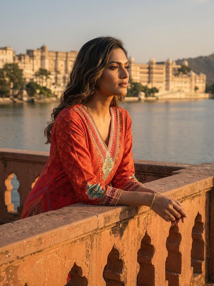 Red Muslin Mughal Printed Kurta