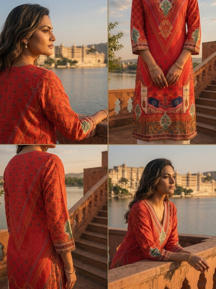 Red Muslin Mughal Printed Kurta