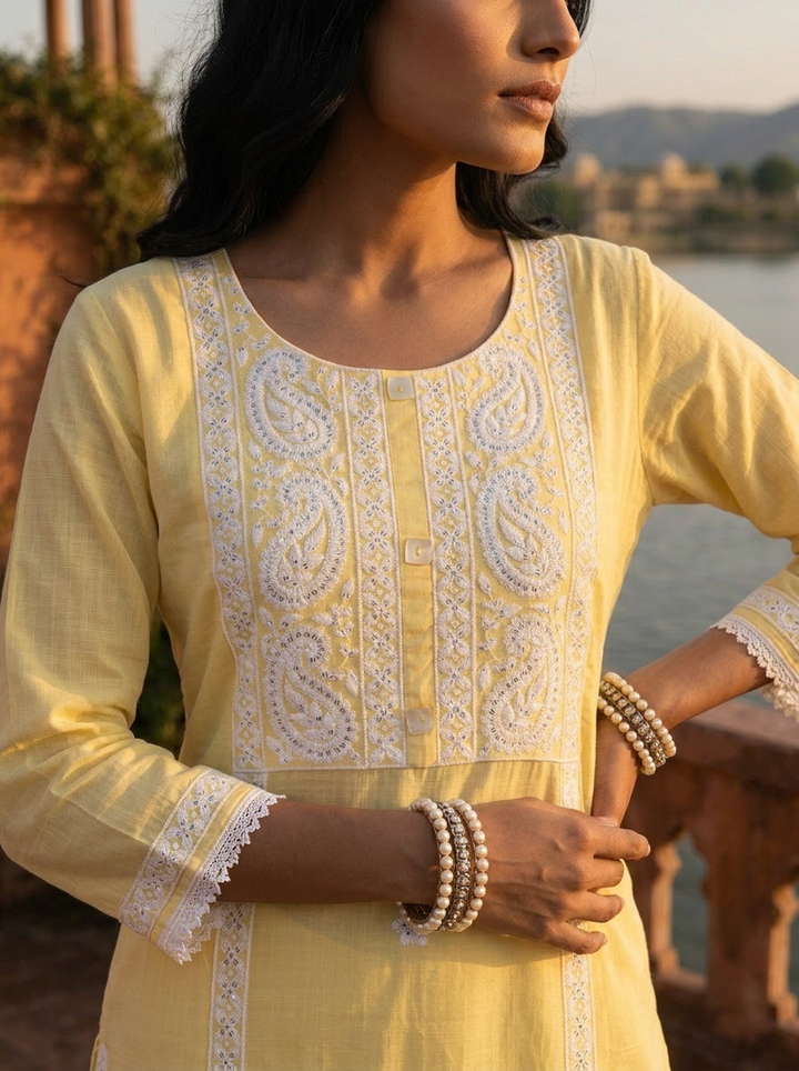 Yellow Rayon Paisley And Floral Motifs Embroidered Kurta