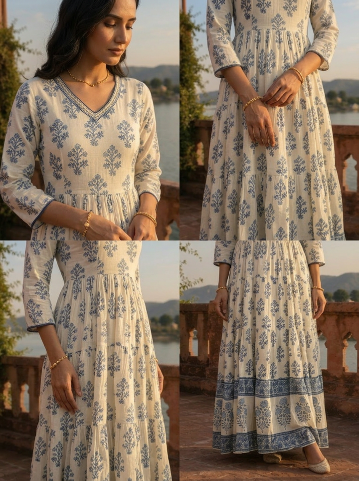 White Cotton Mughal Flower Bunch Motifs Printed Dress
