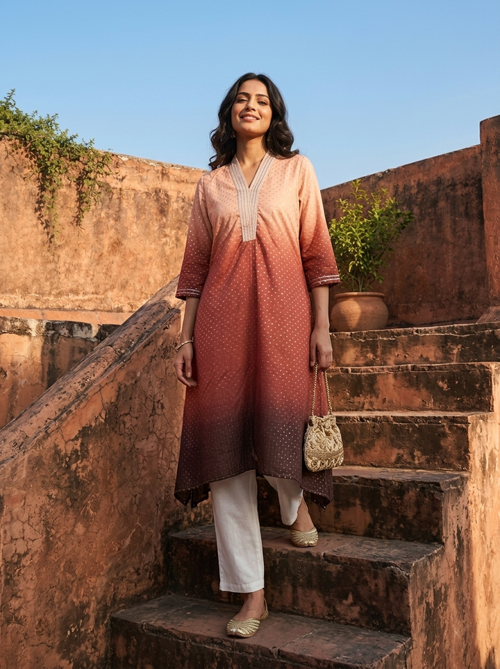 Brown Georgette Ombre Printed Kurta