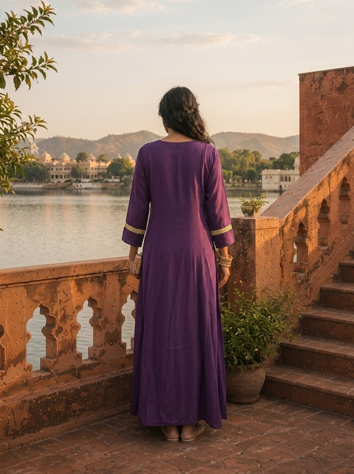 Purple Crepe Contrast Floral Thread Embroidered Dress