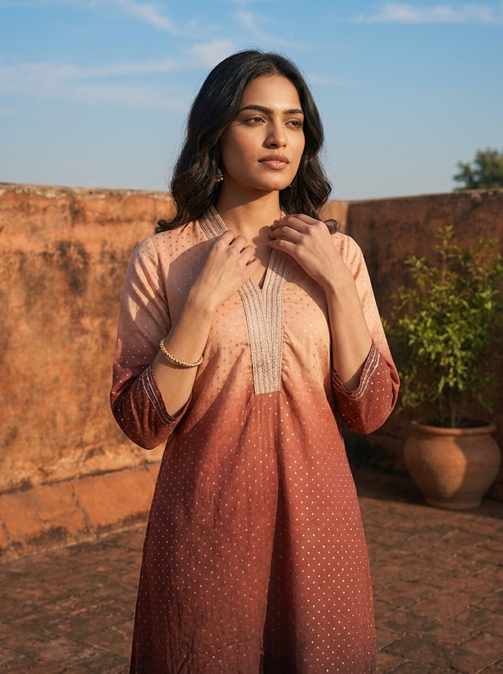 Brown Georgette Ombre Printed Kurta