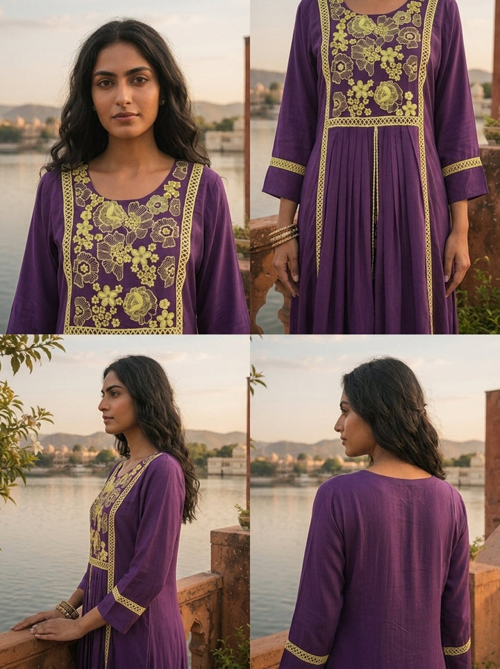 Purple Crepe Contrast Floral Thread Embroidered Dress