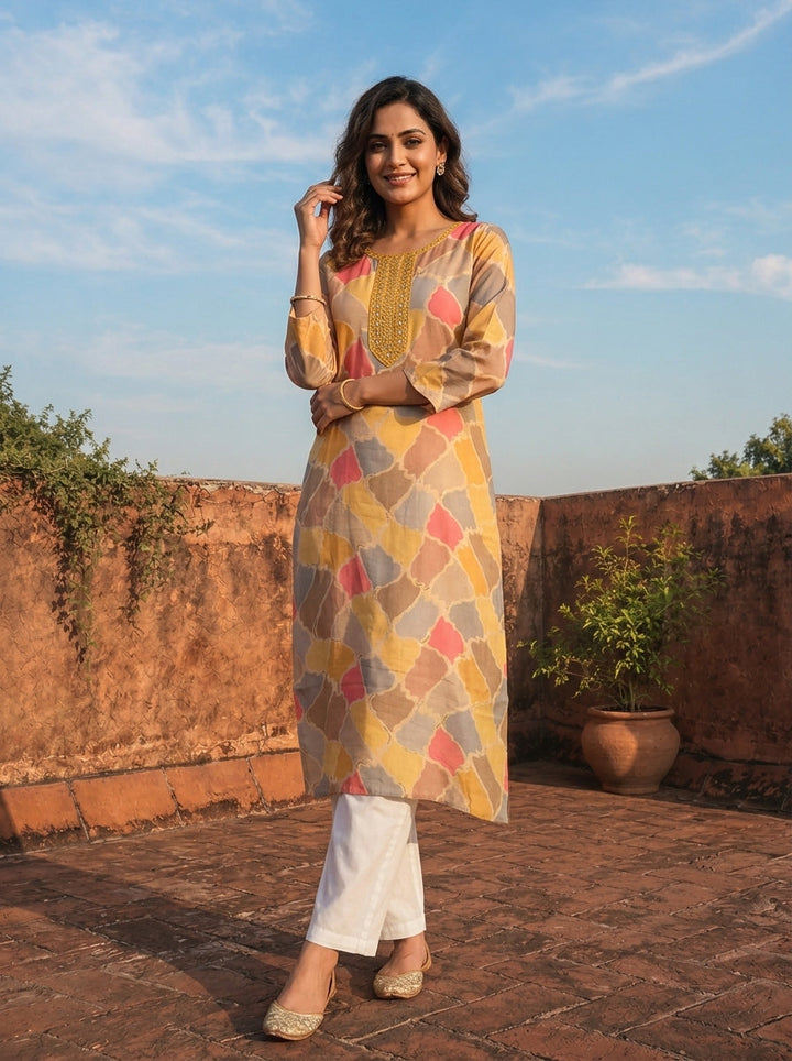Yellow Muslin Mosaic Printed Kurta