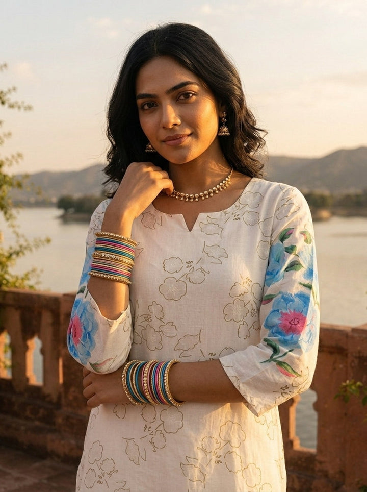White Cotton Watercolor Peony Placement Printed Kurta