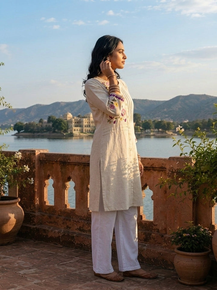 Off White Cotton Multicolor Floral Hand Embroidered Kurta
