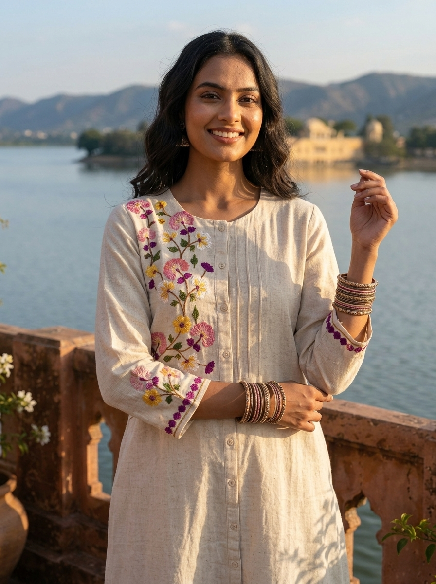 Off White Cotton Multicolor Floral Hand Embroidered Kurta