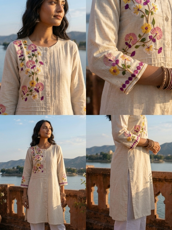 Off White Cotton Multicolor Floral Hand Embroidered Kurta