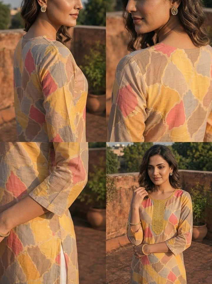 Yellow Muslin Mosaic Printed Kurta