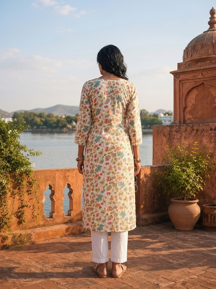 Off White Rayon Multicolor Small Floral Jaal Printed Kurta