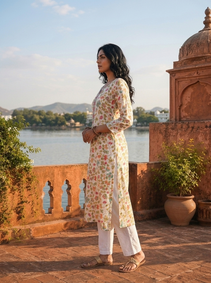 Off White Rayon Multicolor Small Floral Jaal Printed Kurta