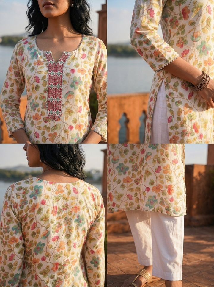 Off White Rayon Multicolor Small Floral Jaal Printed Kurta