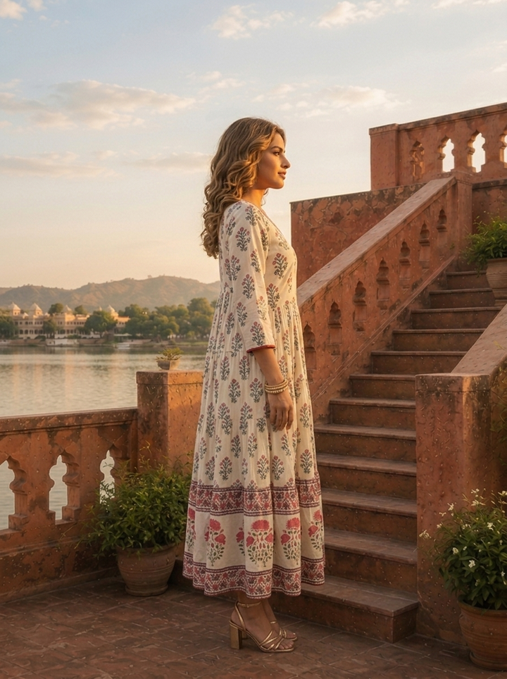 Off White Cotton Mughal Flower Bunch Motifs Printed Dress