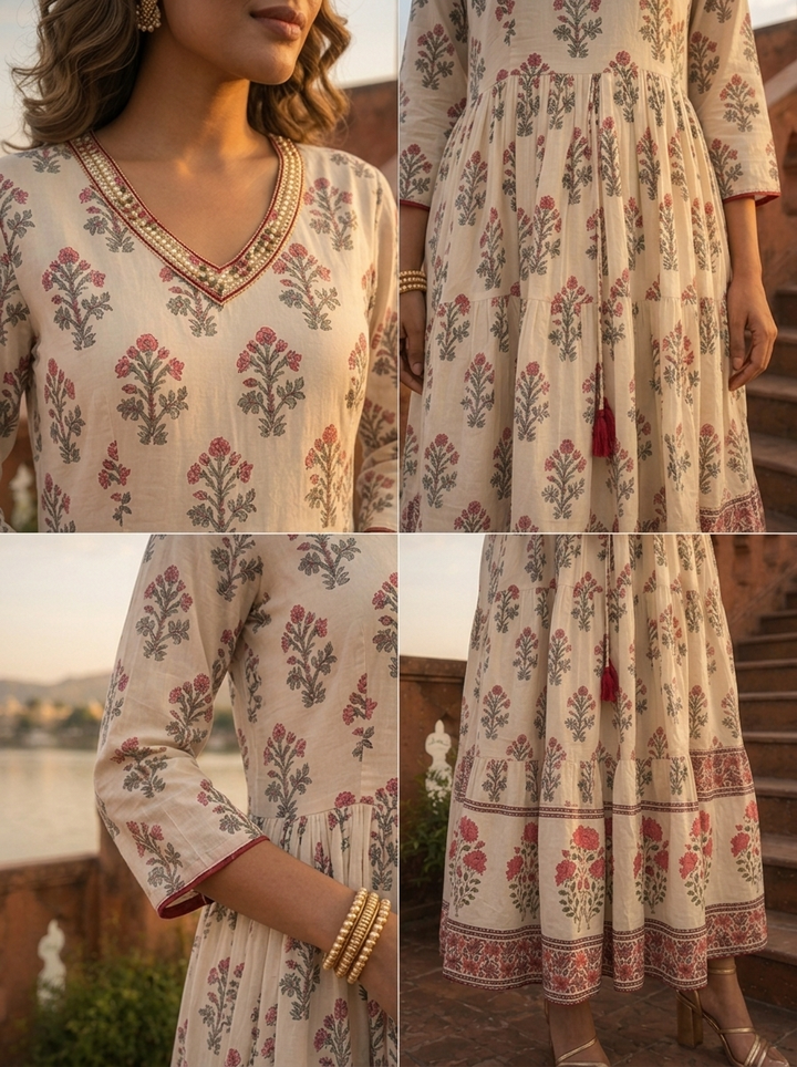 Off White Cotton Mughal Flower Bunch Motifs Printed Dress