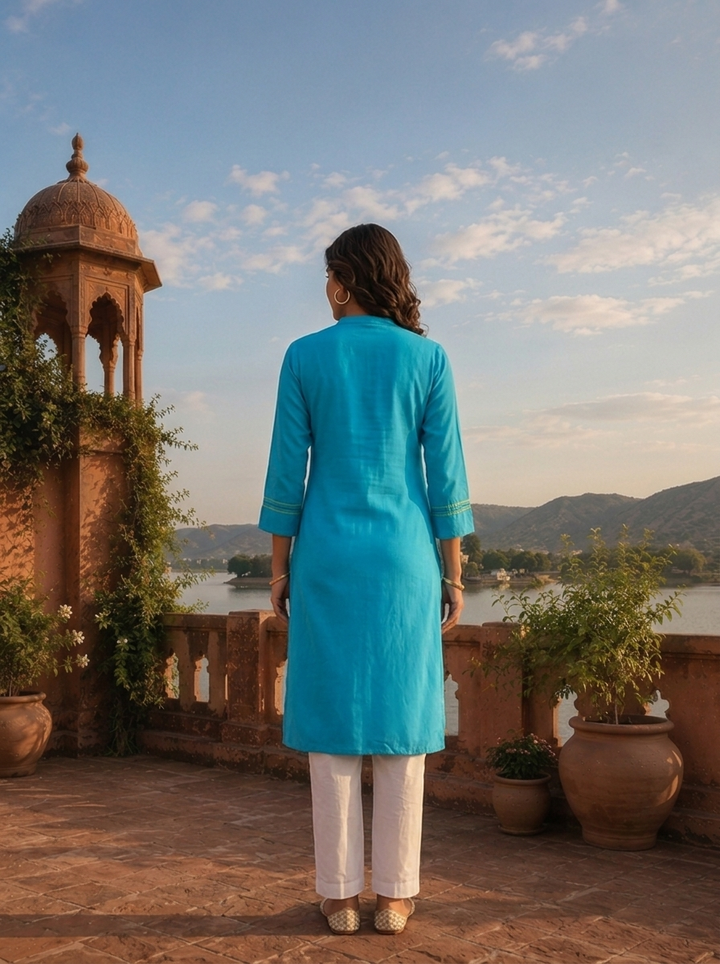 Blue Rayon Floral Applique Embroidered Kurta