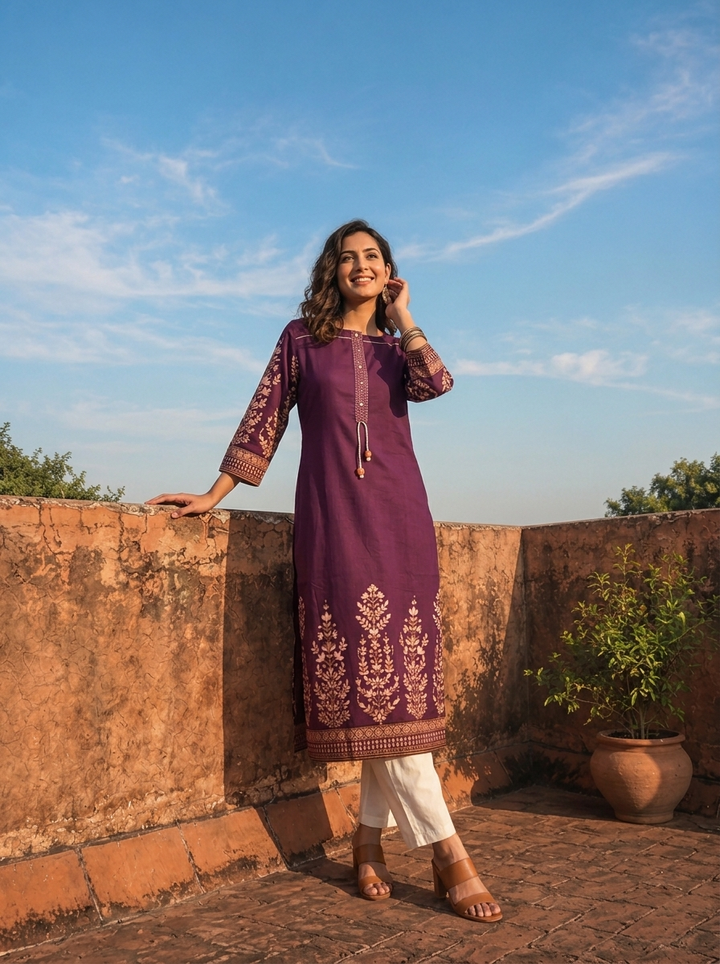 Purple Rayon Floral Motifs Printed Kurta