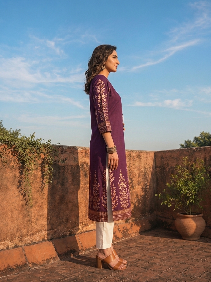 Purple Rayon Floral Motifs Printed Kurta