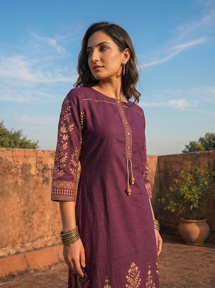 Purple Rayon Floral Motifs Printed Kurta