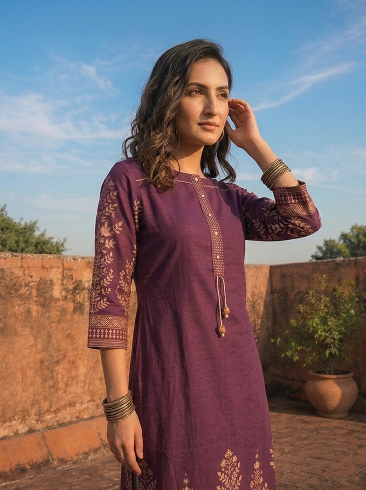 Purple Rayon Floral Motifs Printed Kurta