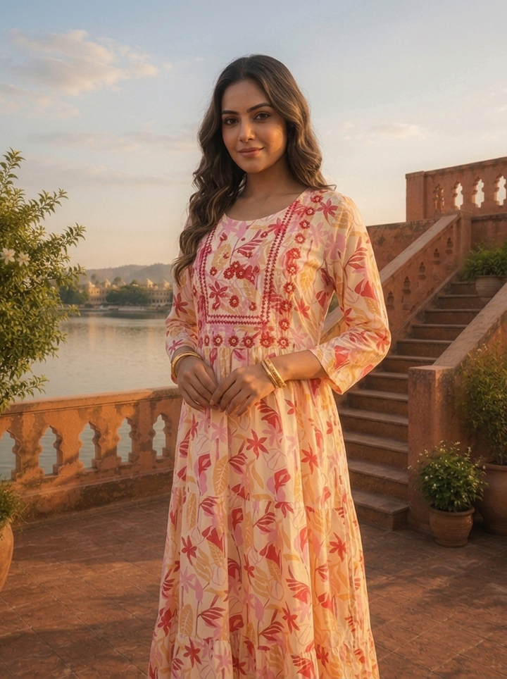 Cream Rayon Tropical Printed Kurta