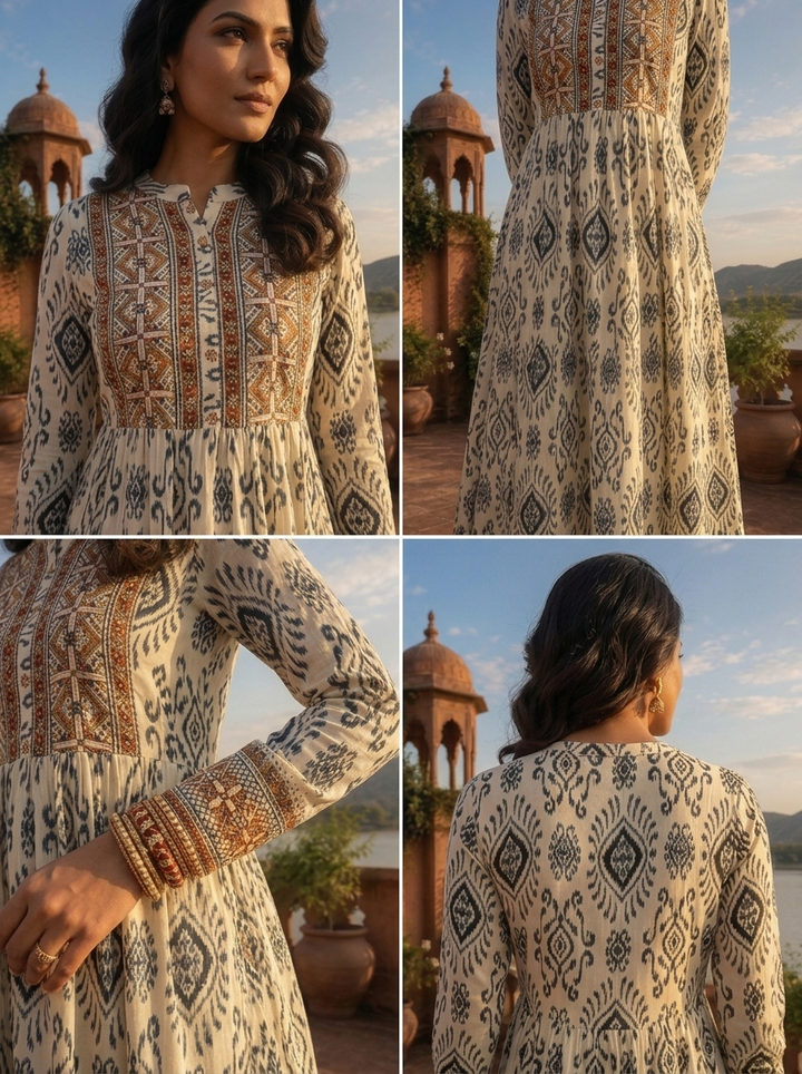 Off White Rayon Tribal Printed Dress