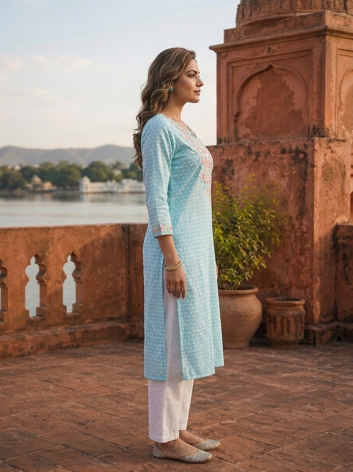 Sky Blue Cotton Multicolor Paisley Embroidered Kurta