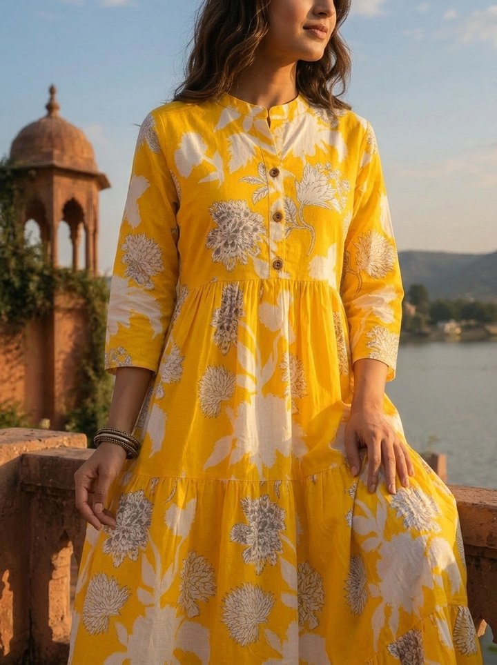 Yellow Cotton Hand Block Printed Aesthetic Dress