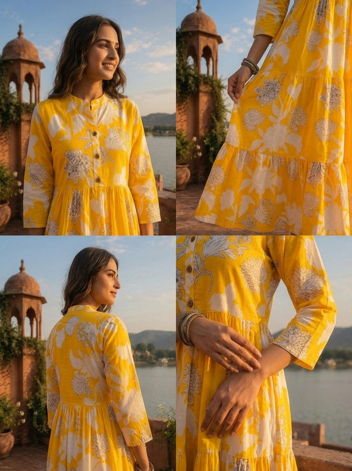 Yellow Cotton Hand Block Printed Aesthetic Dress