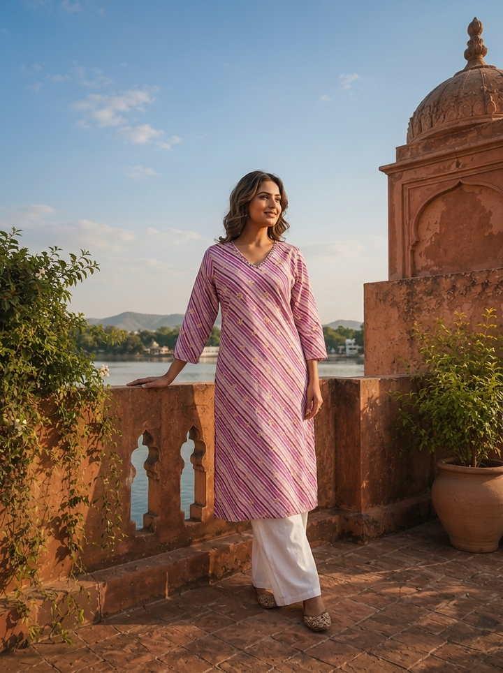 Purple Cotton Leheriya Printed Kurta