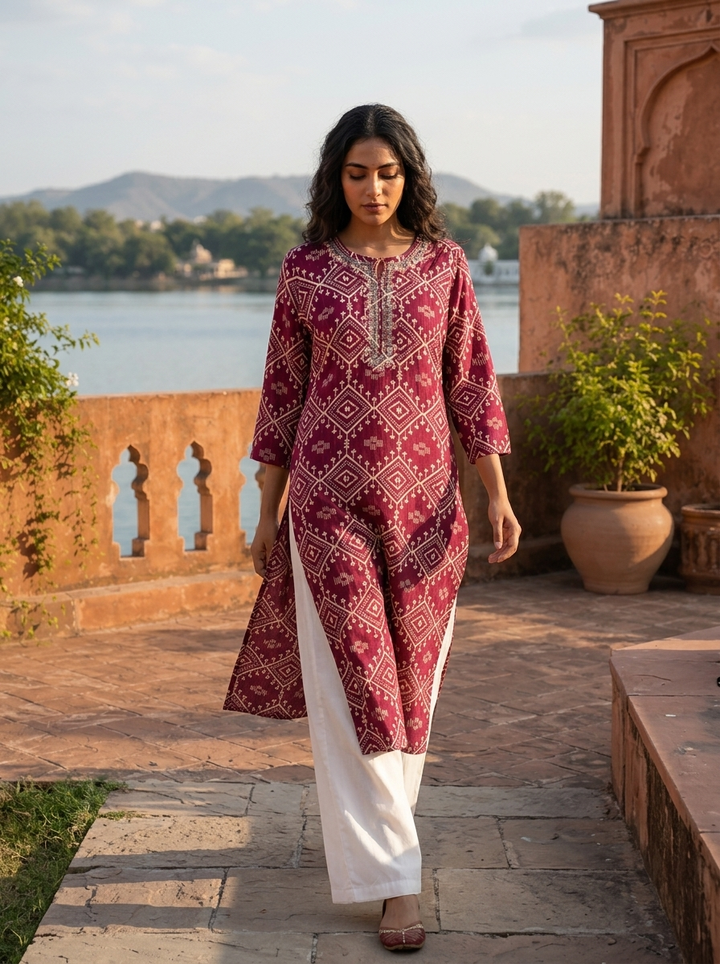 Wine Rayon Diamond Jaal Printed Kurta