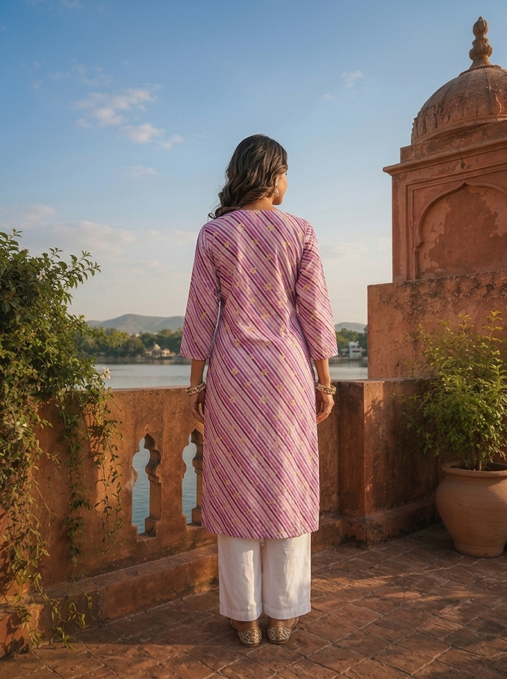 Purple Cotton Leheriya Printed Kurta