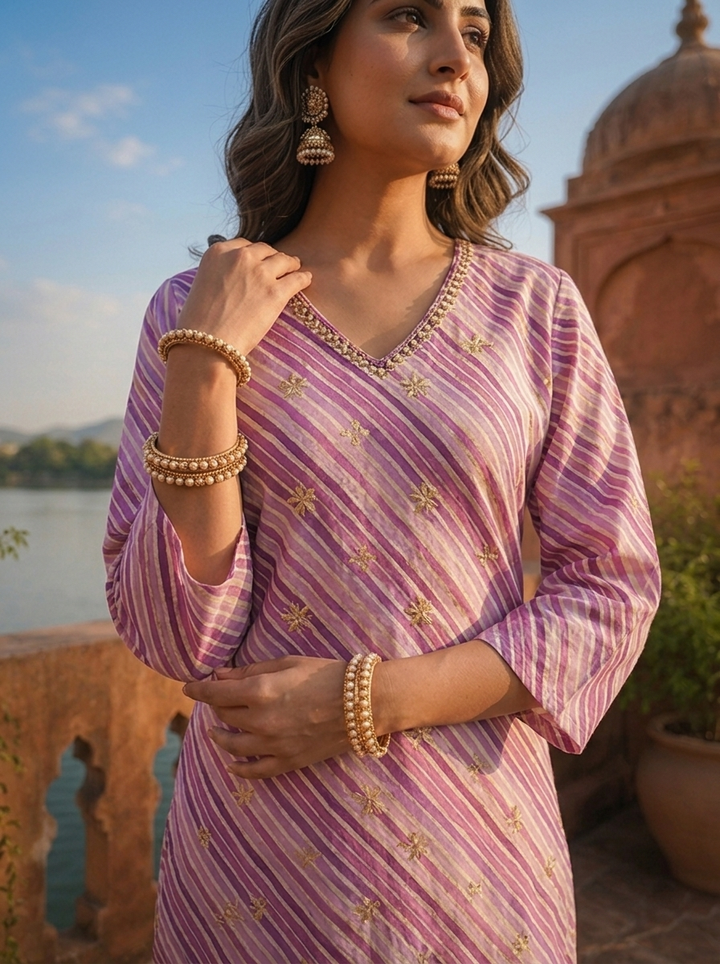 Purple Cotton Leheriya Printed Kurta