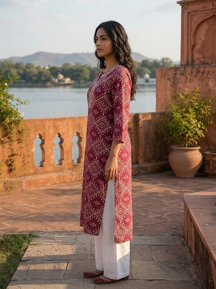 Wine Rayon Diamond Jaal Printed Kurta