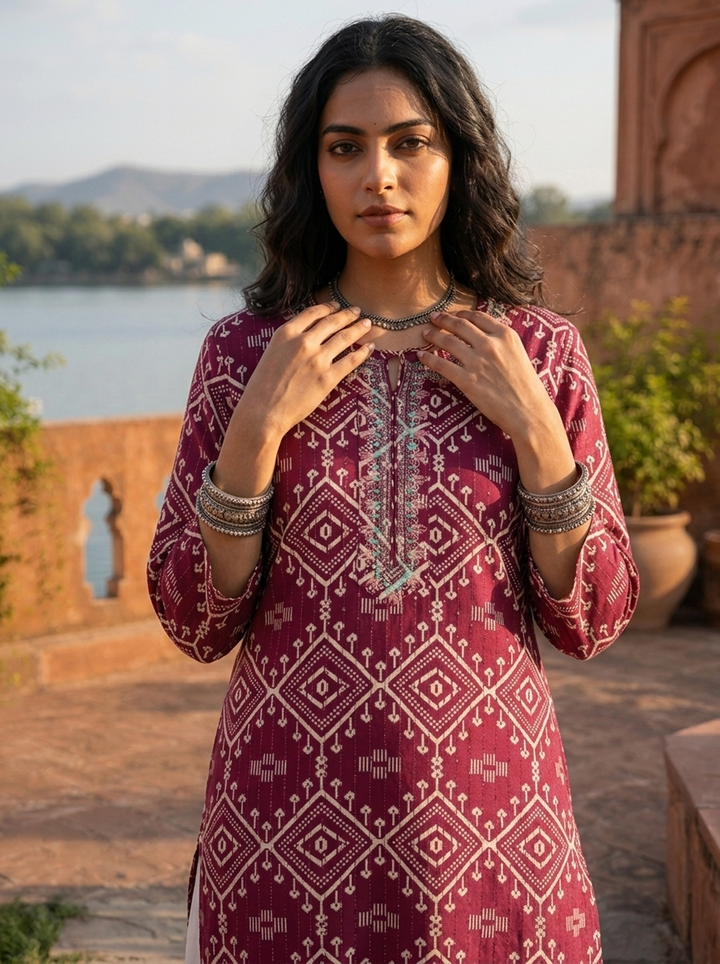 Wine Rayon Diamond Jaal Printed Kurta