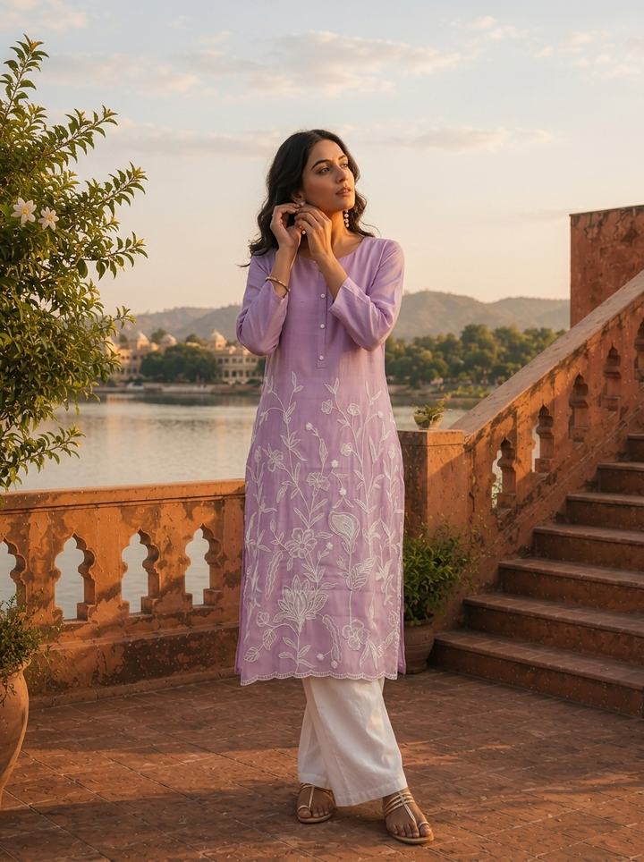 Lavender Rayon Tonal Floral Embroidered Kurta