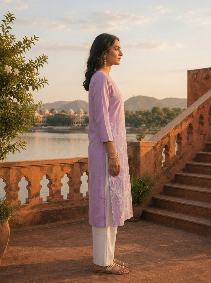 Lavender Rayon Tonal Floral Embroidered Kurta