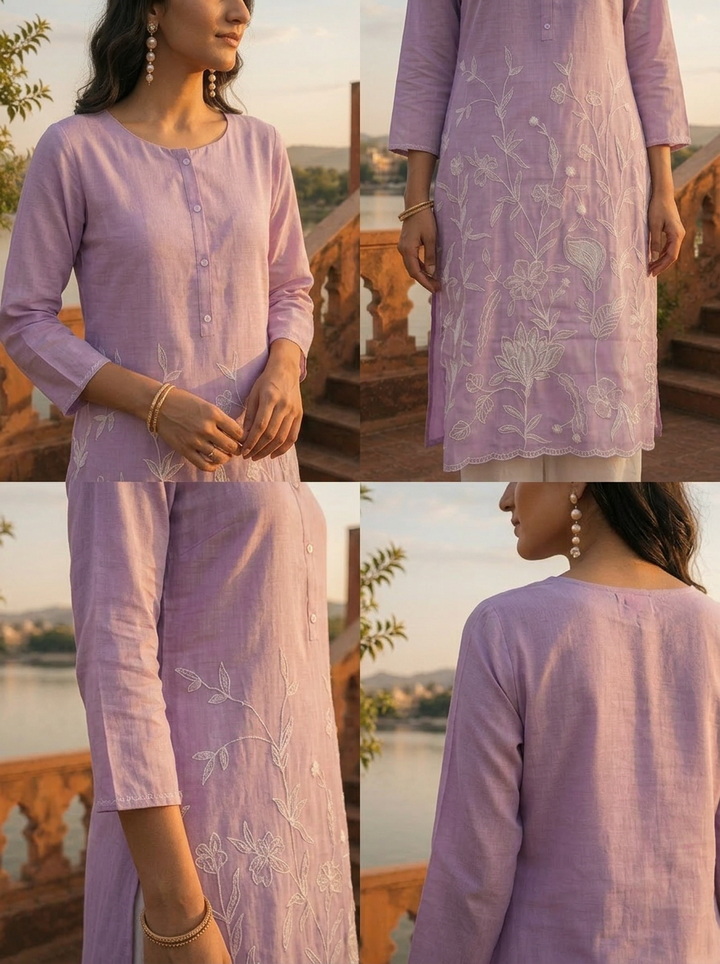 Lavender Rayon Tonal Floral Embroidered Kurta