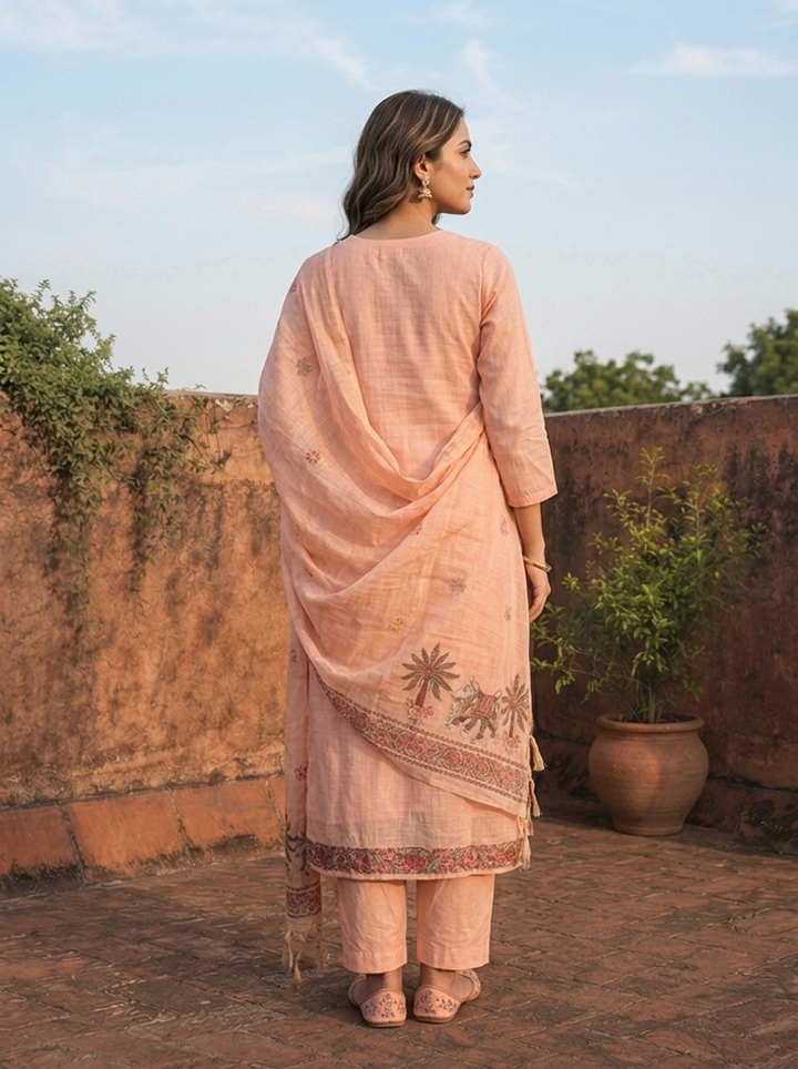 Peach Chanderi Silk Pichwai Motif Weaved Three Piece Set