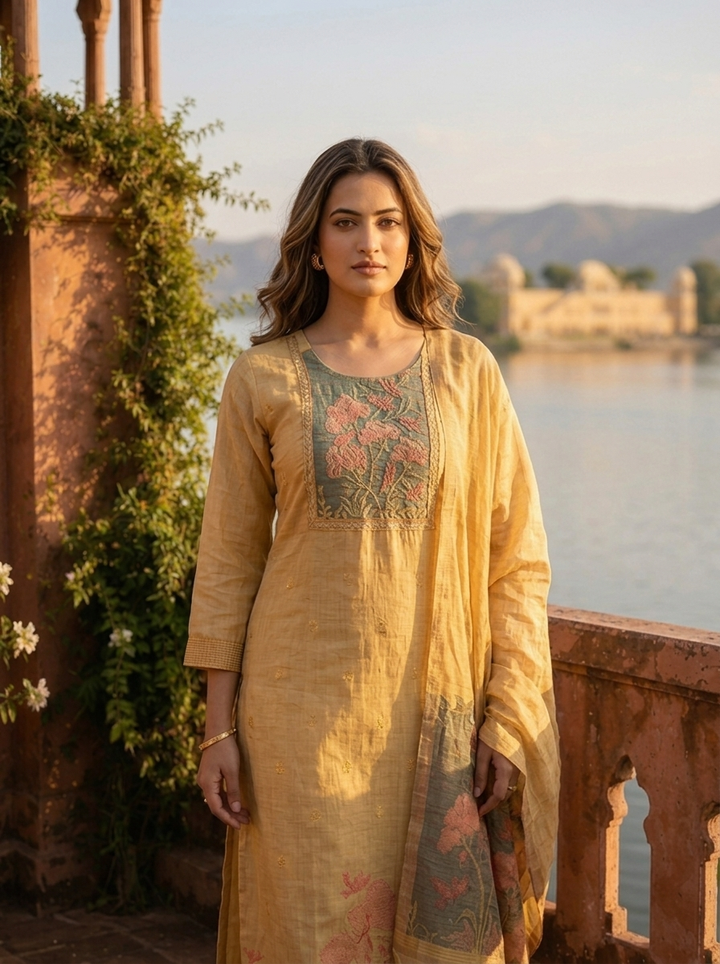 Gold Chanderi Silk Woven Botanical Motif Three Piece Set