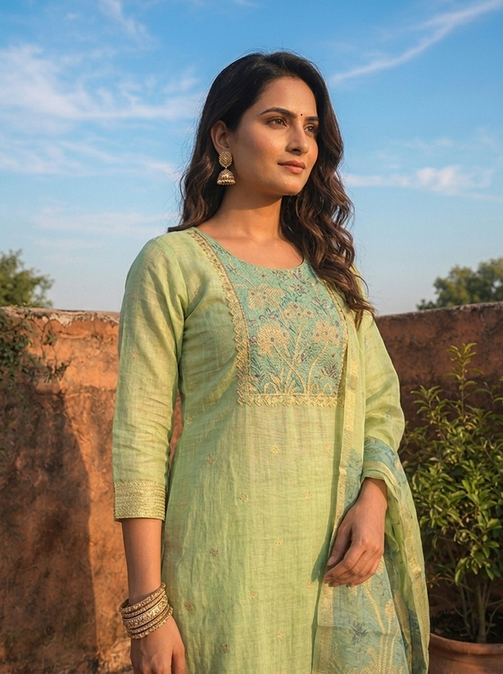 Green Chanderi Silk Woven Botanical Motif Three Piece Set