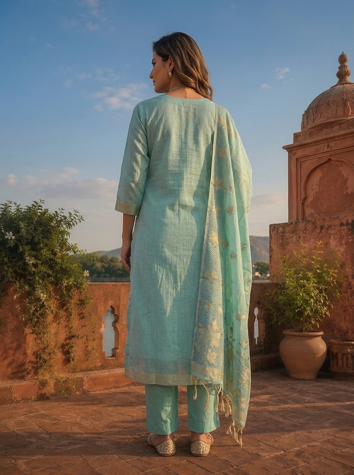 Ice Blue Chanderi Silk Maple Leaf Weaved Three Piece Set