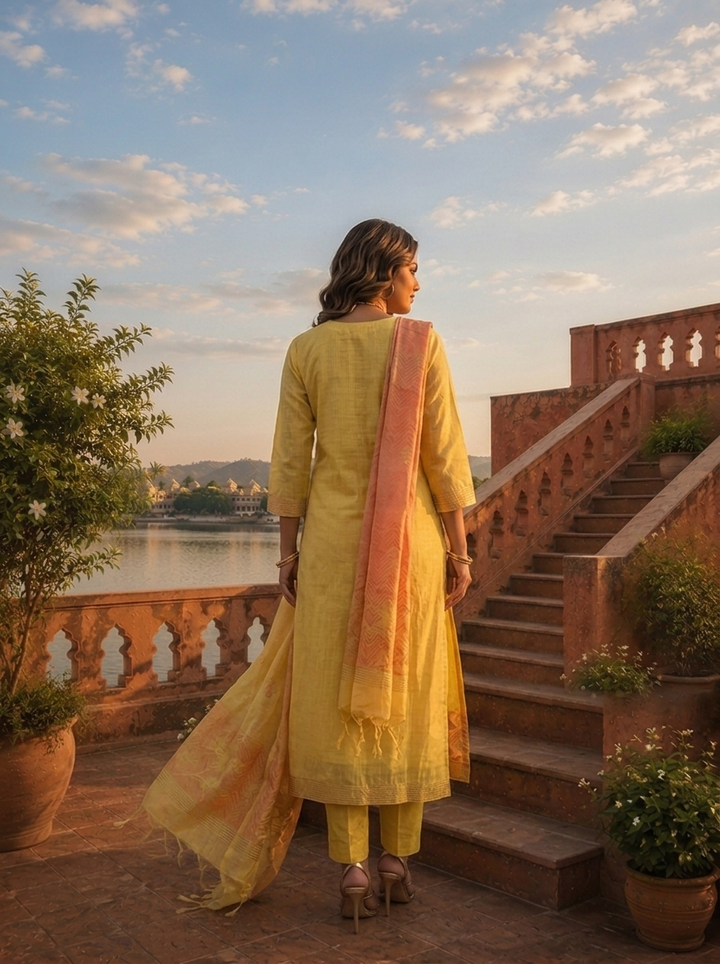 Yellow Chanderi Silk Maple Leaf Weaved Three Piece Set