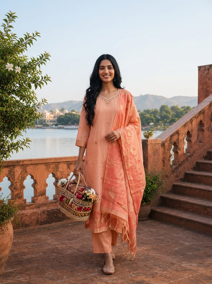 Peach Chanderi Silk Maple Leaf Weaved Three Piece Set