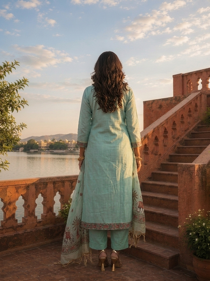 Ice Blue Chanderi Silk Pichwai Motif Weaved Three Piece Set
