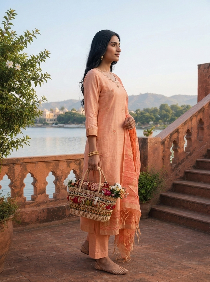 Peach Chanderi Silk Maple Leaf Weaved Three Piece Set