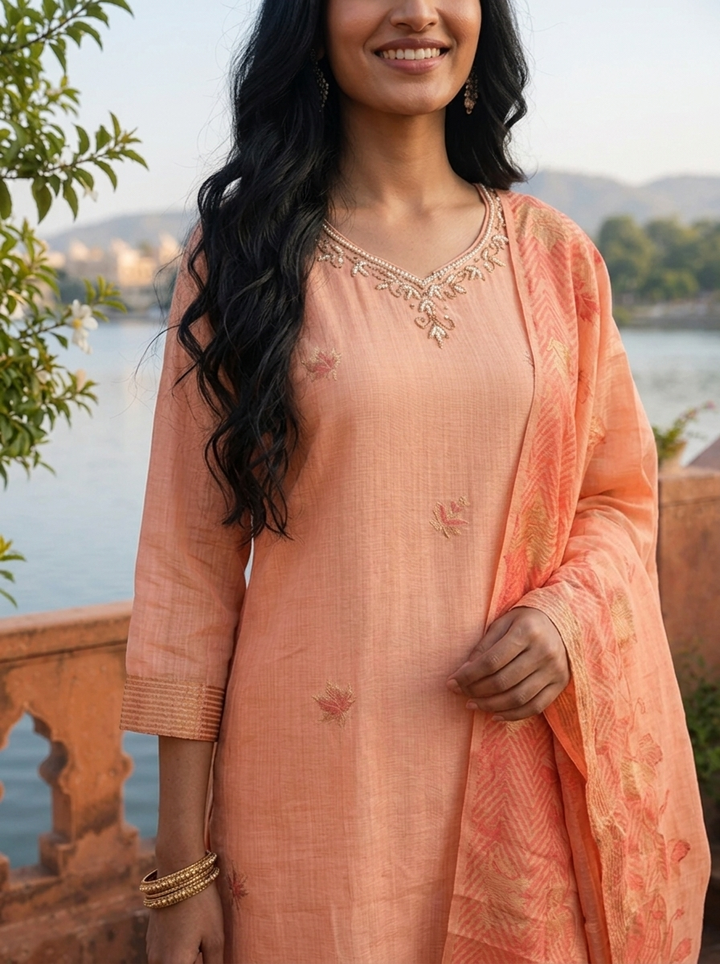 Peach Chanderi Silk Maple Leaf Weaved Three Piece Set