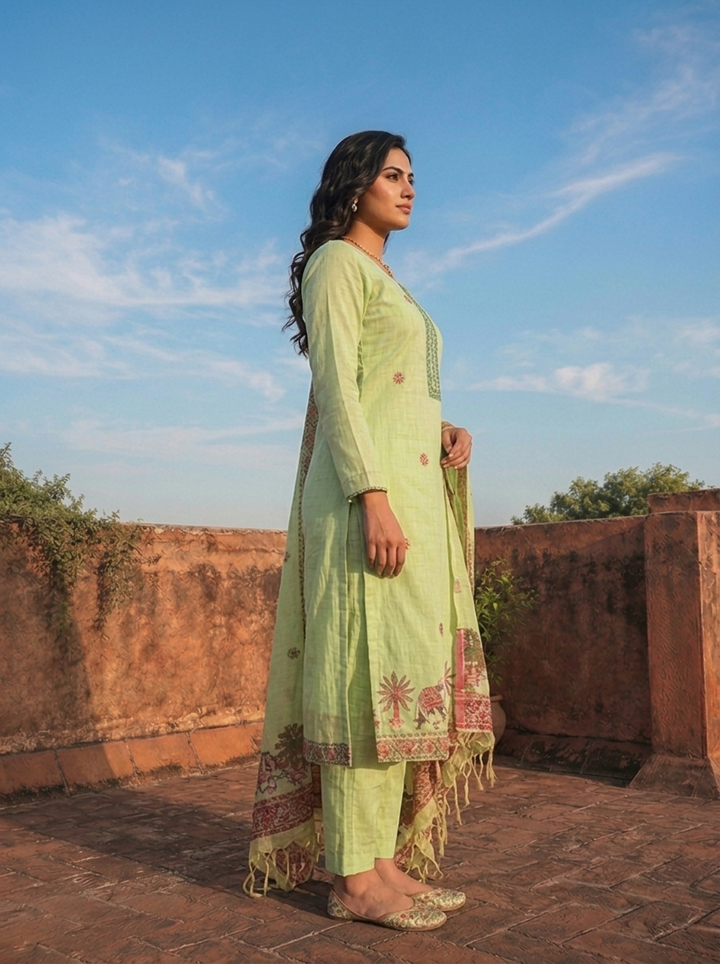 Pista Green Chanderi Silk Pichwai Motif Weaved Three Piece Set